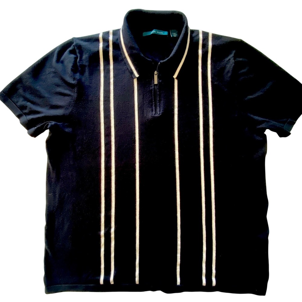 Perry Ellis Mens XL Navy Blue Vertical Stripe Quarter Zip Short Sleeve Knit Polo